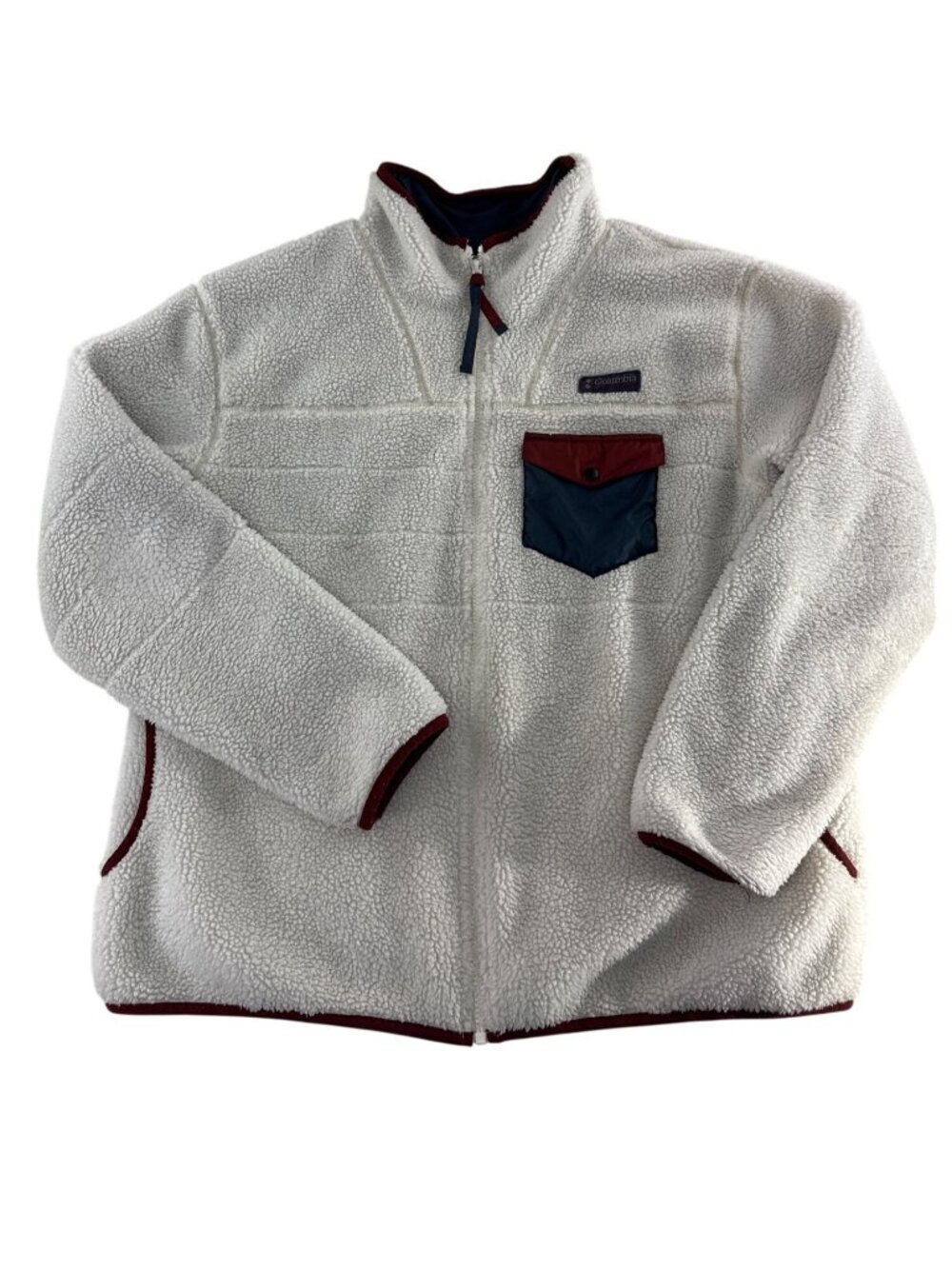 Columbia Lodge Sherpa Fleece Jacket XL Cream White Red Navy Full Zip Outdoor